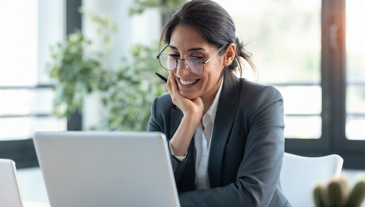 Woman with glasses smiling at her laptop, representing university services with ClickClinicals